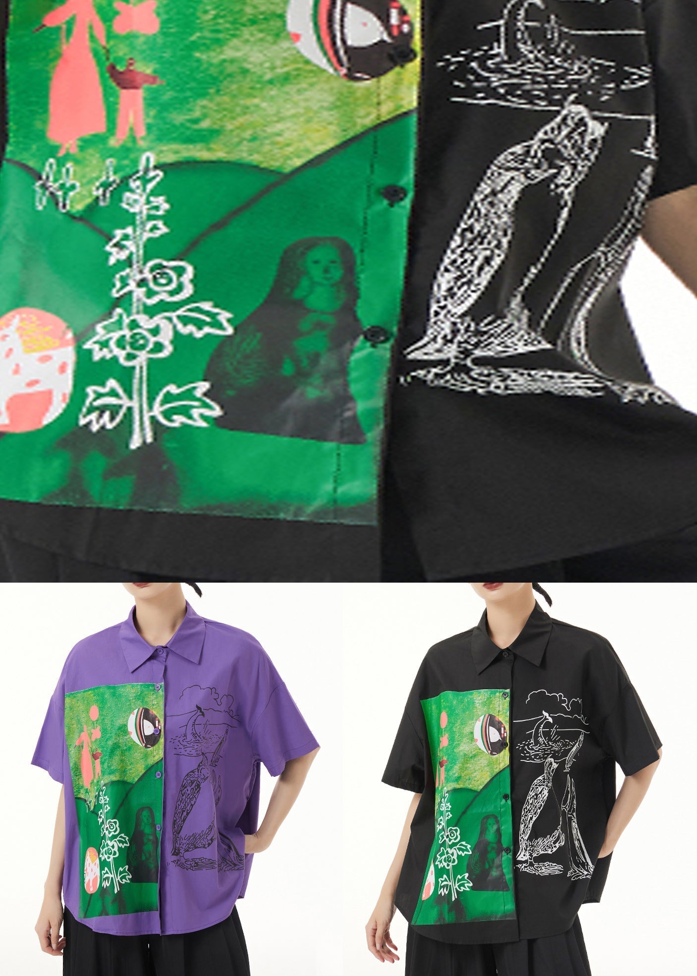 Black Peter Pan Collar Print Patchwork Cotton Blouse Top Summer