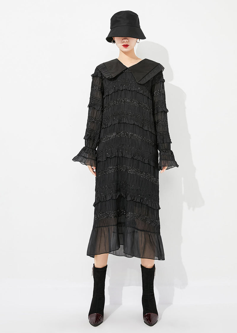 Black Peter Pan Collar Ruffled Patchwork Wrinkled Long Dress Spring
