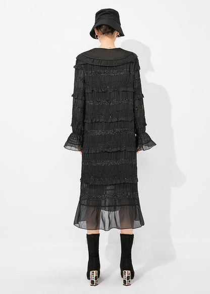 Black Peter Pan Collar Ruffled Patchwork Wrinkled Long Dress Spring