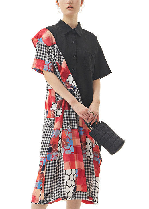 Black Peter Pan Collar Ruffled Print Patchwork Chiffon Dresses Summer