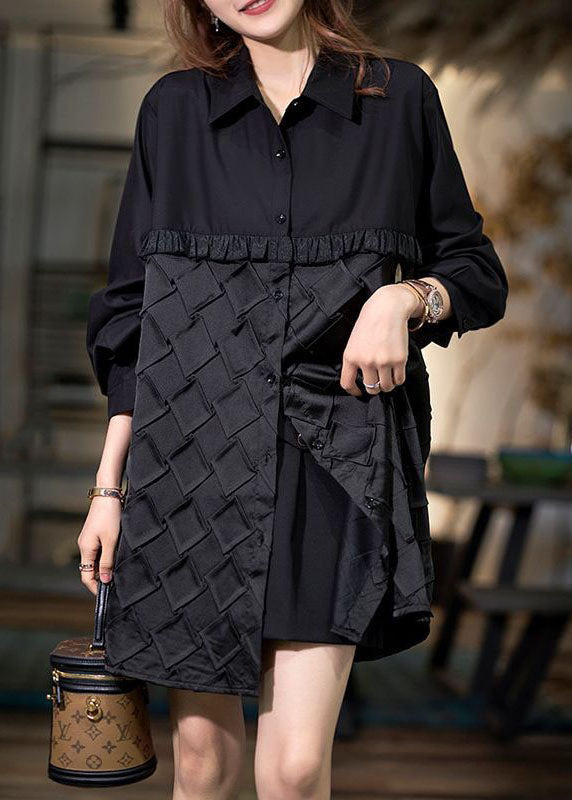 Black Peter Pan Collar Wrinkled Patchwork Cotton Shirt Top Spring