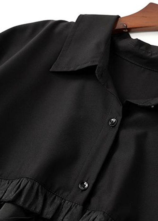 Black Peter Pan Collar Wrinkled Patchwork Cotton Shirt Top Spring
