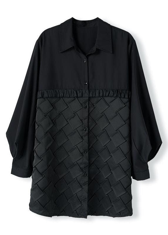 Black Peter Pan Collar Wrinkled Patchwork Cotton Shirt Top Spring