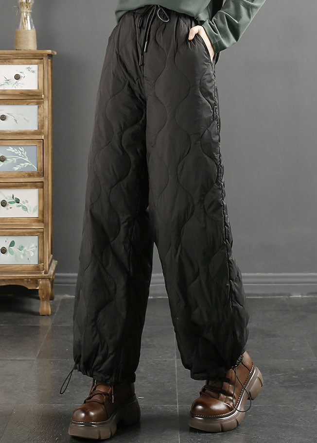 Black Plaid Drawstring Tie Waist Duck Down Filled Pants Winter