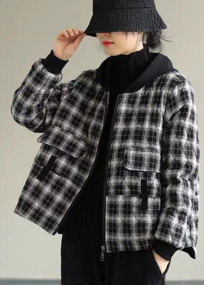 Black Plaid Hooded Fine Cotton Filled Puffers Jackets Winter