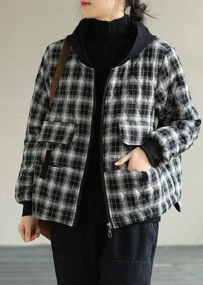 Black Plaid Hooded Fine Cotton Filled Puffers Jackets Winter