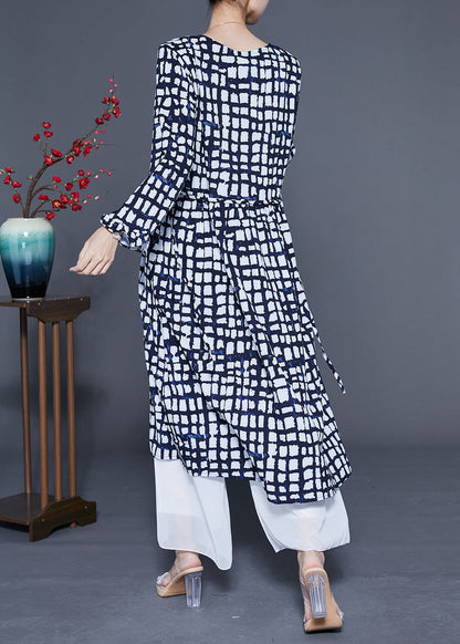 Black Plaid Tie Waist Chiffon Long Dress Summer