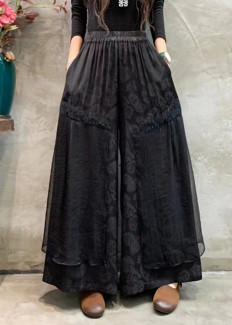 Black Pockets Elastic Waist Silk Linen Wide Leg Pants Spring