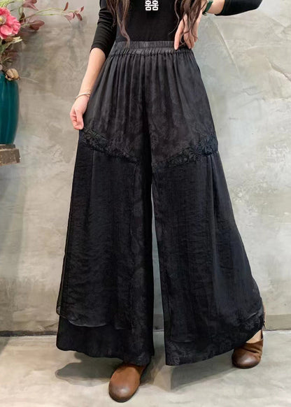 Black Pockets Elastic Waist Silk Linen Wide Leg Pants Spring