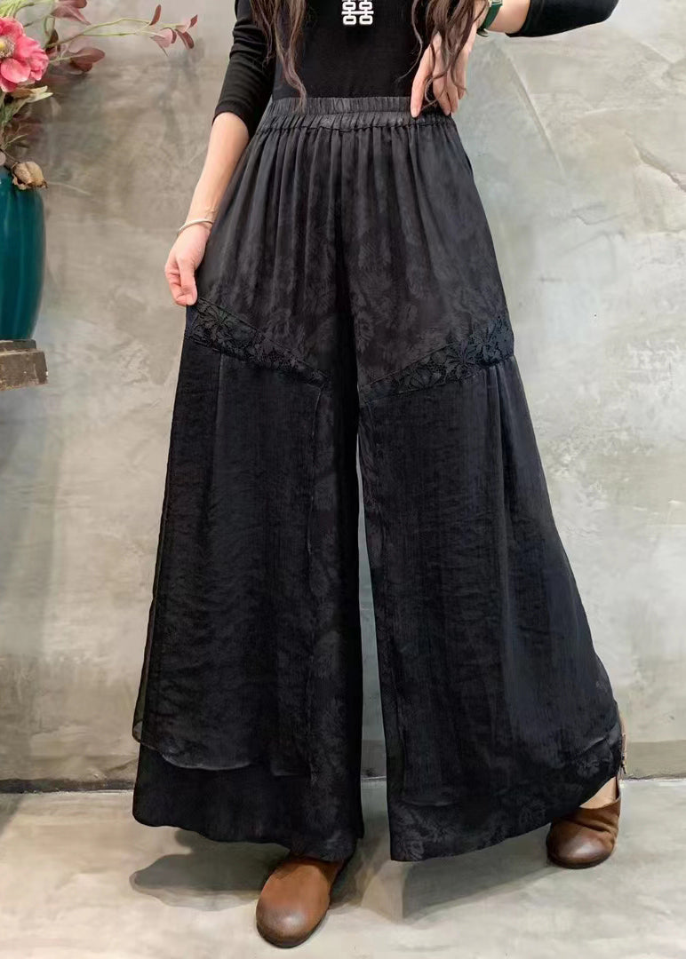 Black Pockets Elastic Waist Silk Linen Wide Leg Pants Spring