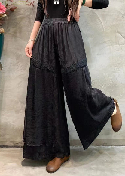 Black Pockets Elastic Waist Silk Linen Wide Leg Pants Spring