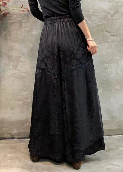 Black Pockets Elastic Waist Silk Linen Wide Leg Pants Spring