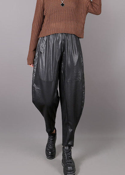 Black Pockets Faux Leather Harem Pants Winter