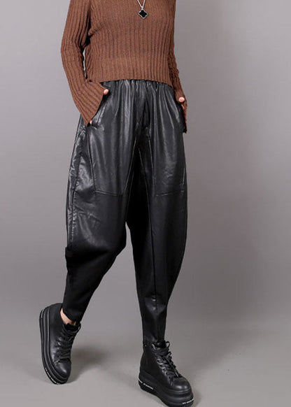 Black Pockets Faux Leather Harem Pants Winter