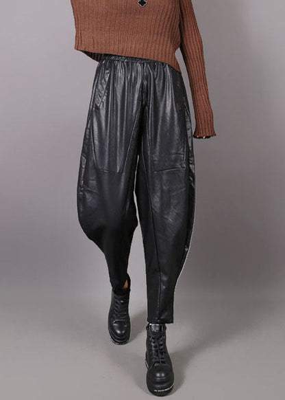 Black Pockets Faux Leather Harem Pants Winter