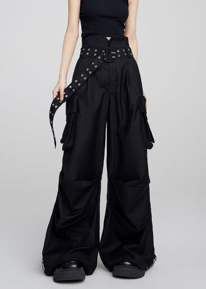 Black Pockets High Waist Patchwork Cotton Pants Fall