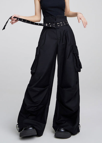 Black Pockets High Waist Patchwork Cotton Pants Fall
