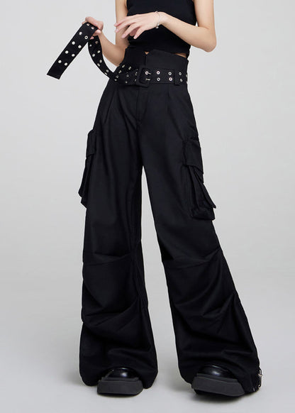 Black Pockets High Waist Patchwork Cotton Pants Fall