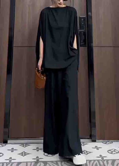 Black Pockets Patchwork Tops and Pantstwo Piece Suit Summer