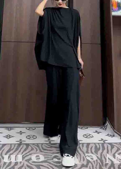 Black Pockets Patchwork Tops and Pantstwo Piece Suit Summer