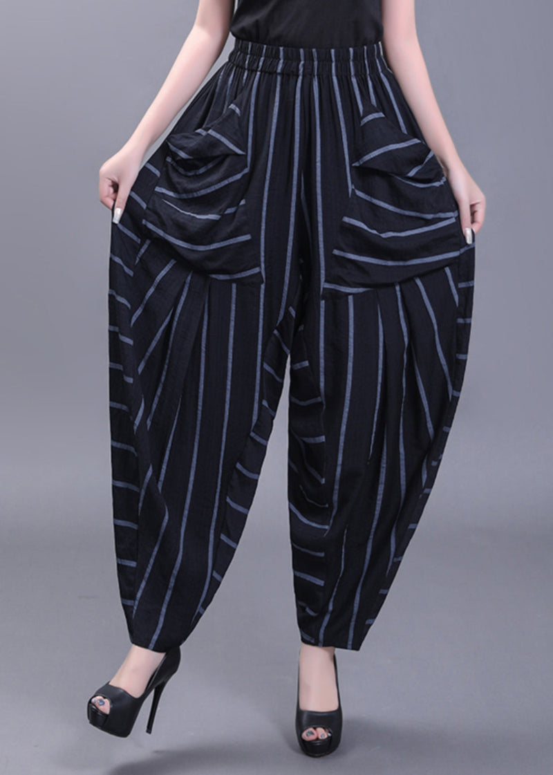 Black Pockets Striped High Waist Cotton Harem Pants Fall