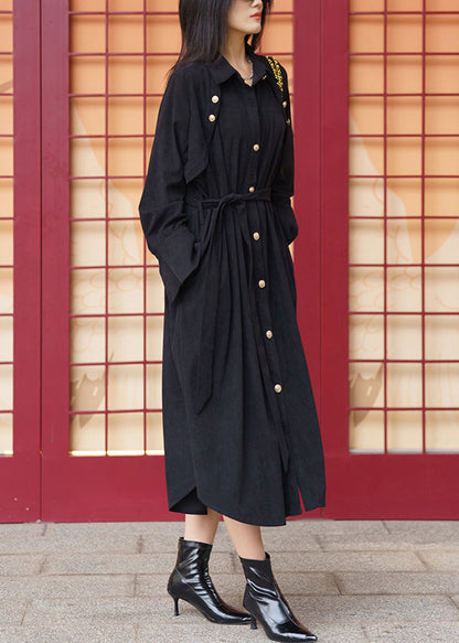 Black Pockets Tie Waist Cotton Shirt Dress Long Sleeve