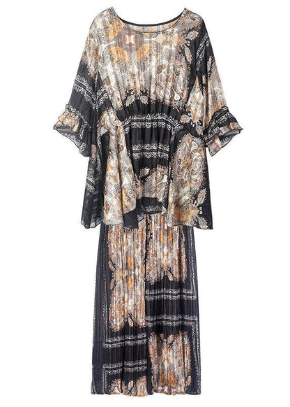 Black Print Apricot O-neck Top Wide Leg Summer Two Pieces Set