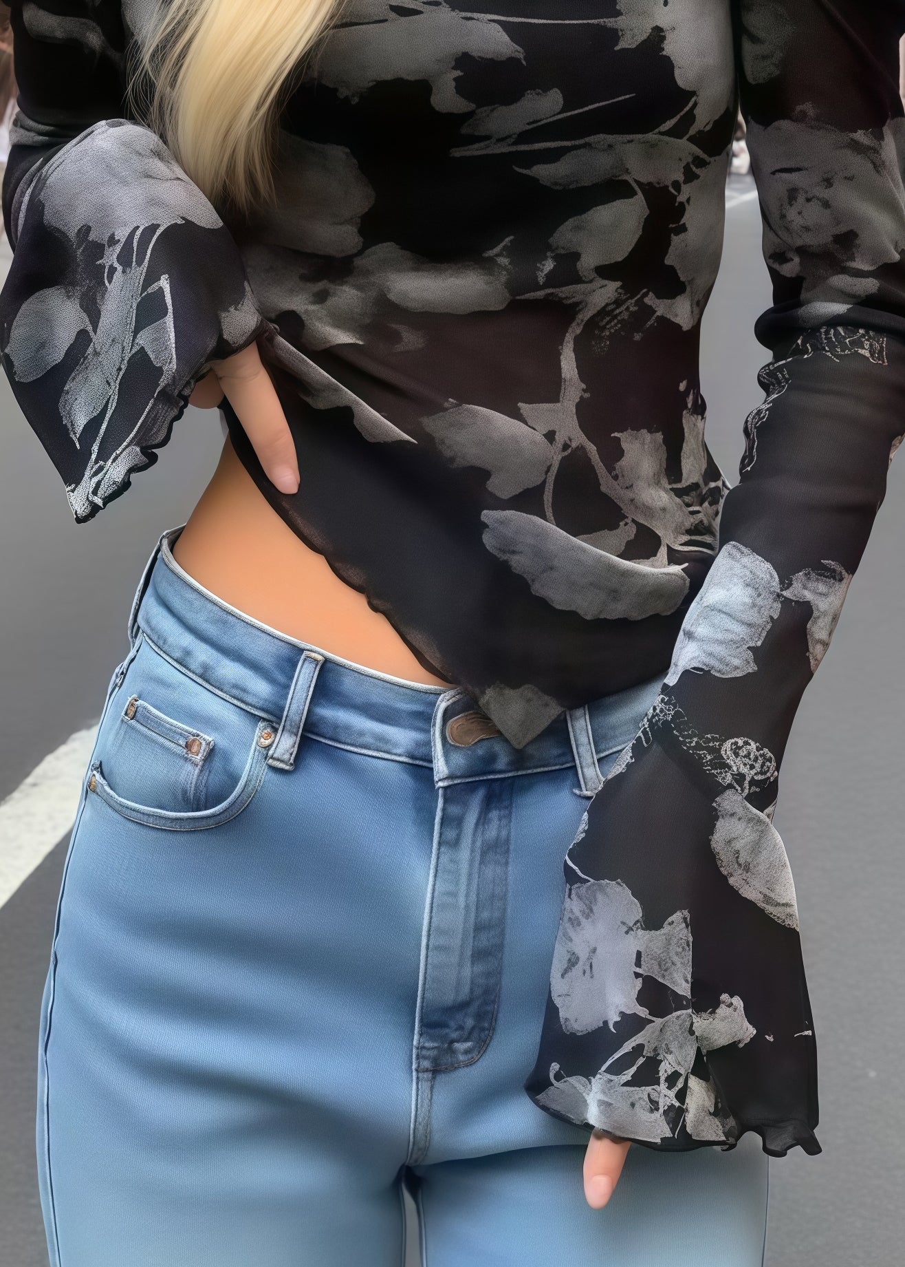 Women Black Print Flower Decorated Cold Shoulder Tops Summer