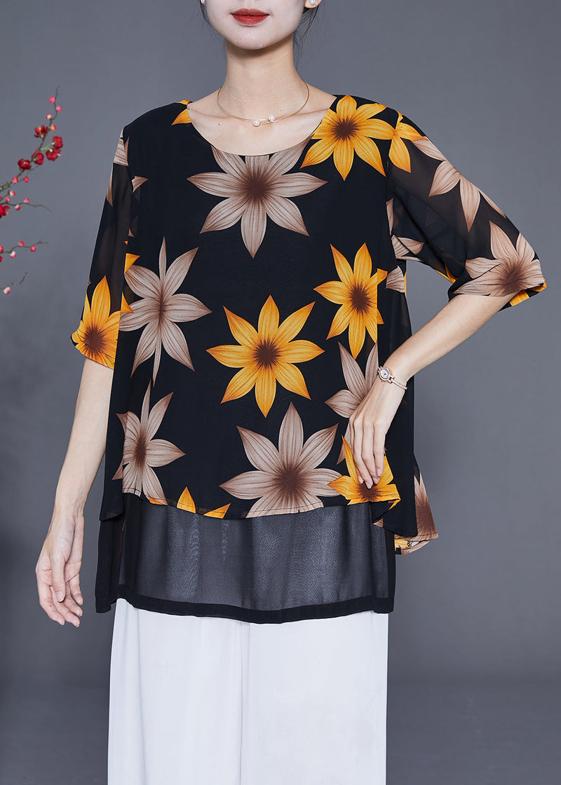Black Print Patchwork Chiffon Fake Two Piece Shirt Tops Summer