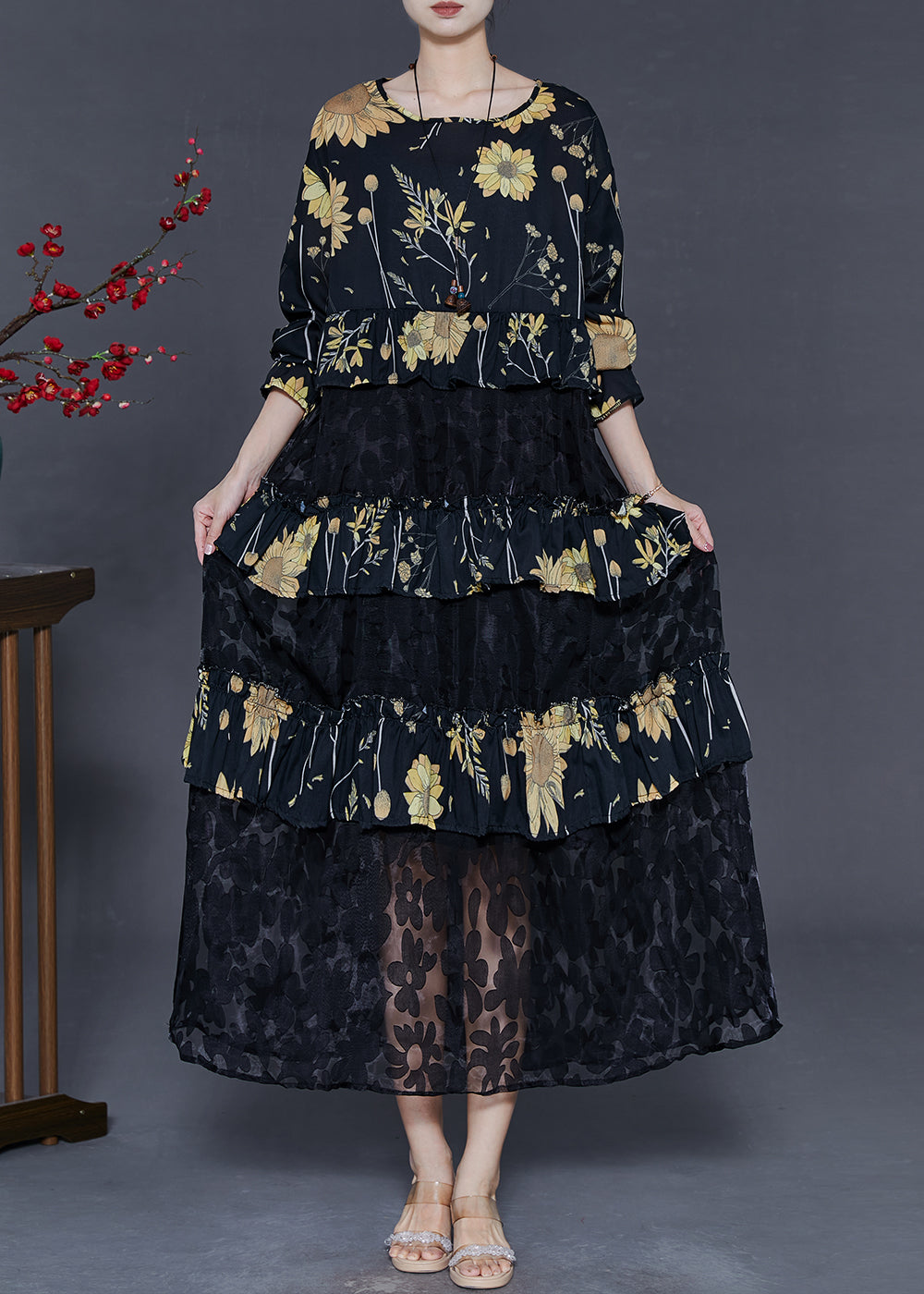 Black Print Patchwork Lace Vacation Dresses Spring