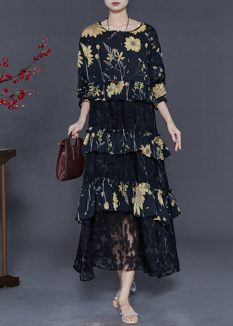 Black Print Patchwork Lace Vacation Dresses Spring
