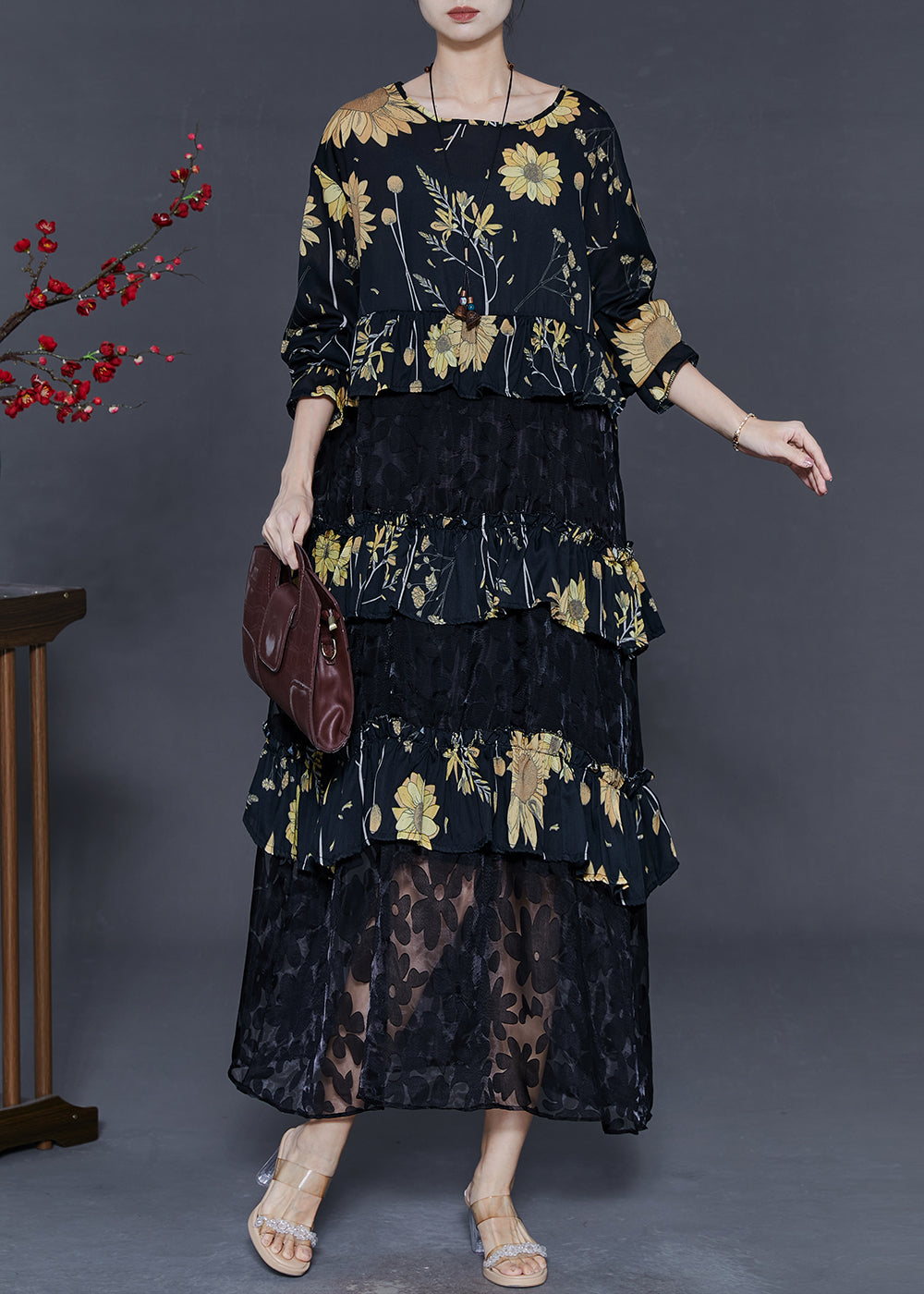 Black Print Patchwork Lace Vacation Dresses Spring