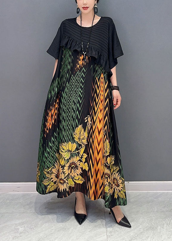 Black Print Patchwork Ruffled Silk Dress Summer