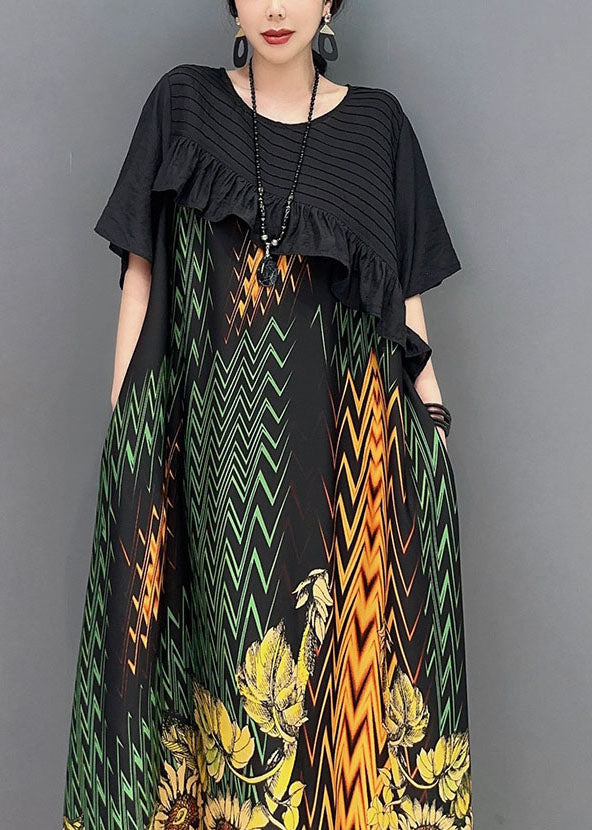 Black Print Patchwork Ruffled Silk Dress Summer