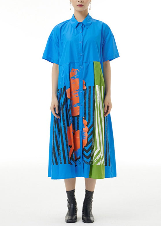 Black Print Patchwork Striped Cotton Maxi Shirt Dress Summer