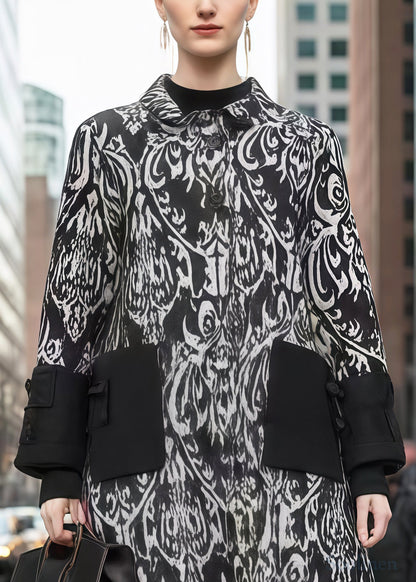 Black Print Patchwork Warm Fleece Woolen Trench Winter