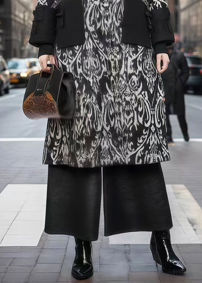Black Print Patchwork Warm Fleece Woolen Trench Winter
