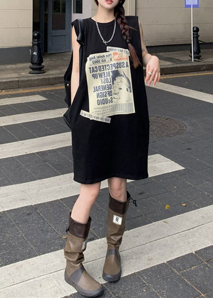 Black Print Pockets Patchwork Cotton Mid Dress Sleeveless