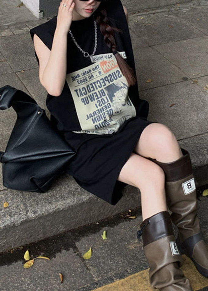 Black Print Pockets Patchwork Cotton Mid Dress Sleeveless