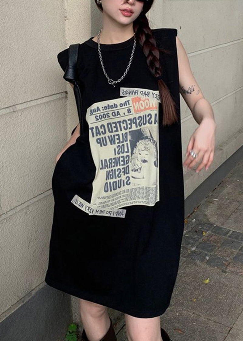 Black Print Pockets Patchwork Cotton Mid Dress Sleeveless