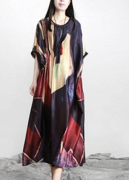 Black Print Silk Party Dress Batwing Sleeve