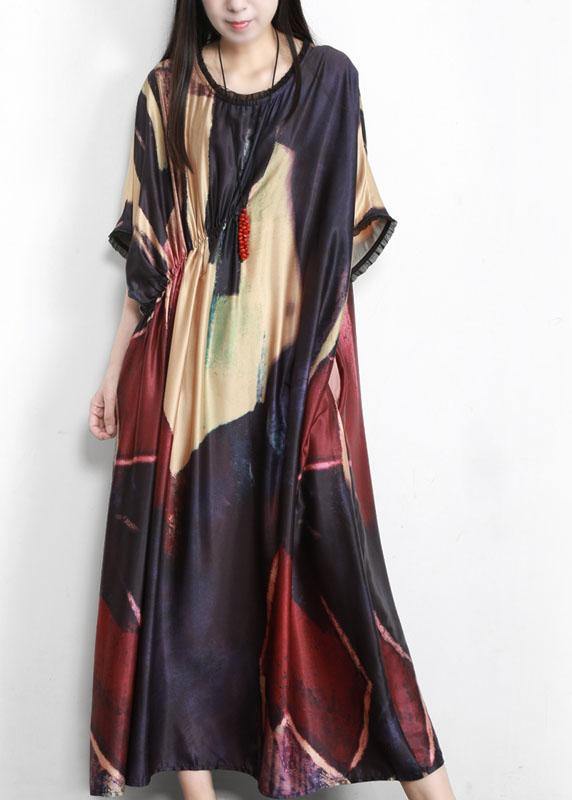 Black Print Silk Party Dress Batwing Sleeve