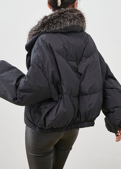 Black Rabbit Hair Collar Warm Duck Down Puffer Jacket Winter