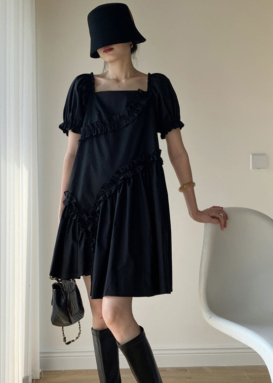 Black Ruffled Asymmetrical Patchwork Cotton Dresses Puff Sleeve