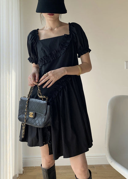 Black Ruffled Asymmetrical Patchwork Cotton Dresses Puff Sleeve