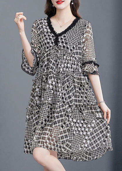 Black Ruffled Patchwork Print Exra Large Hem Chiffon Dresses Half Sleeve