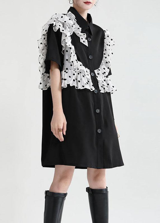Black Ruffles Patchwork Summer Button Party Dress Short Sleeve