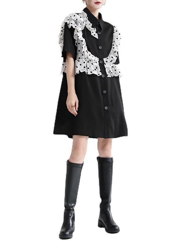 Black Ruffles Patchwork Summer Button Party Dress Short Sleeve