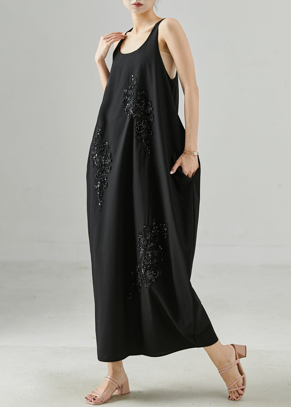 Black Sequins Nail Bead Cotton Cami Dresses Summer