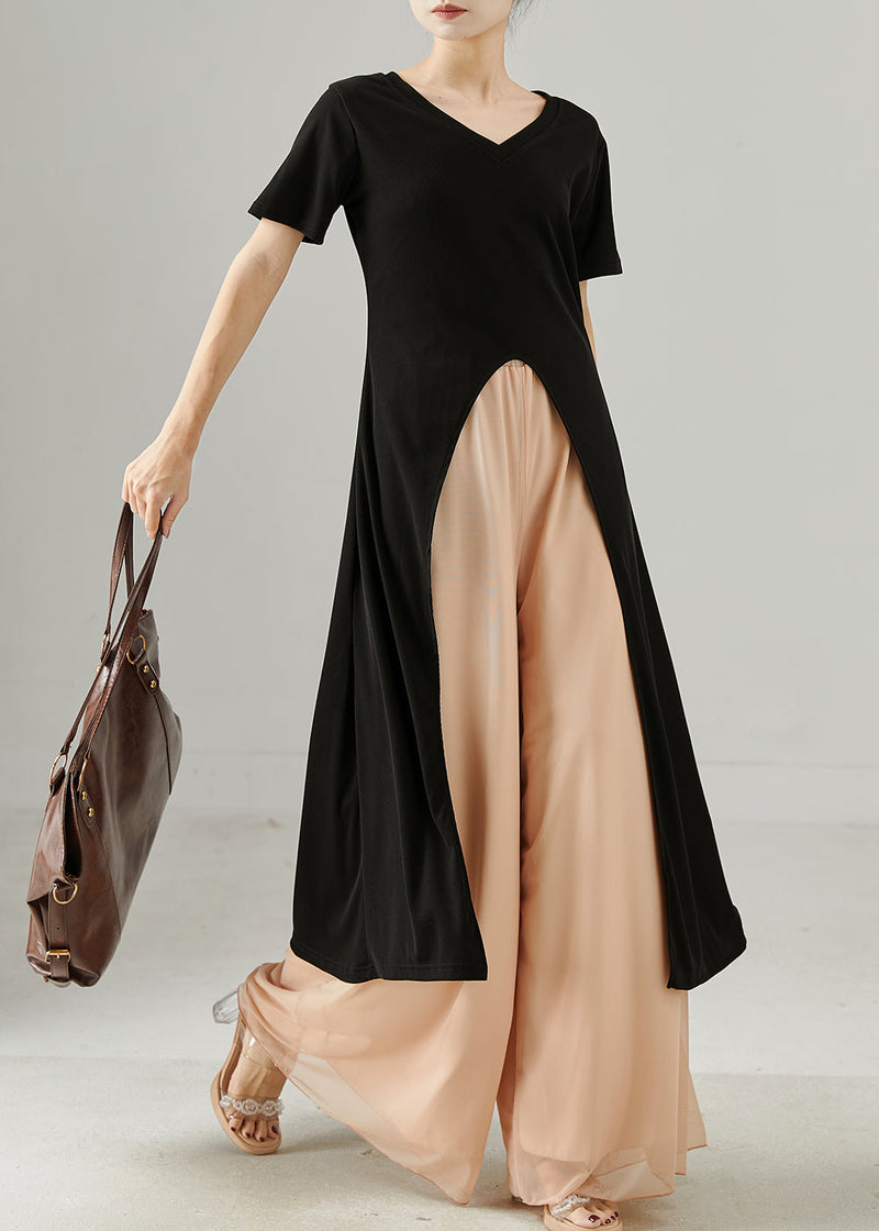 Black Side Open Long Tops and Chiffon Straight Pants Two Piece Set Summer